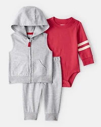 Baby Boy 3-Piece Varsity Vest Outfit Set - Red/Grey