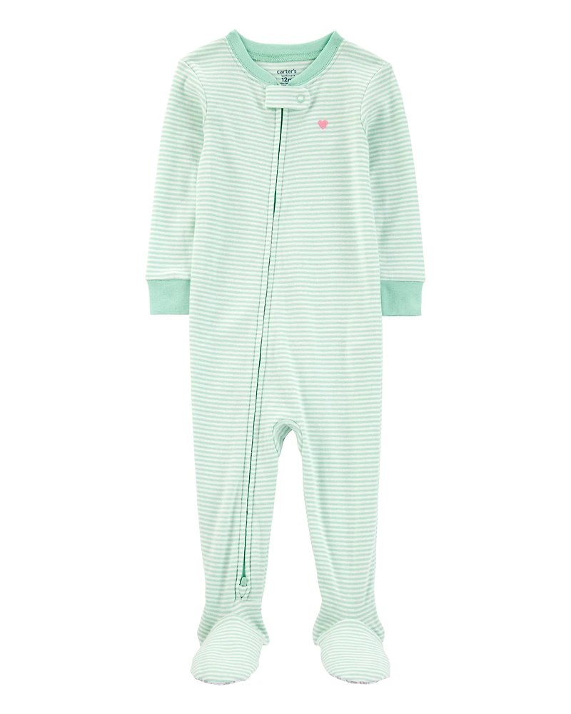 Baby Girl Striped Snug Fit Cotton Footie 1-Piece Pyjamas - Green