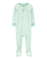 Baby Girl Striped Snug Fit Cotton Footie 1-Piece Pyjamas - Green