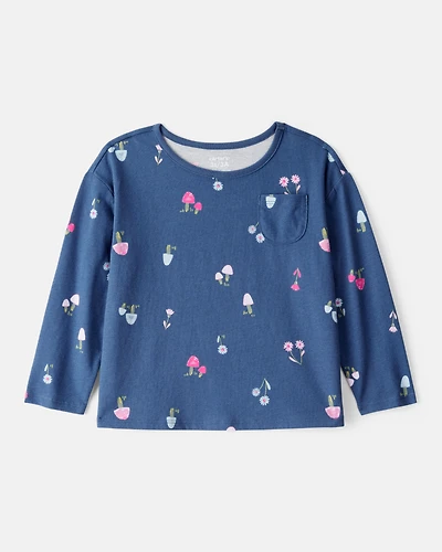 Toddler Girl Floral Cotton Long-Sleeve Top - Blue
