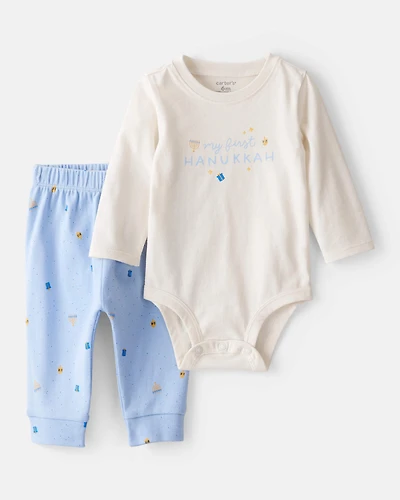 Baby 2-Piece My First Hanukkah Long-Sleeve Bodysuit & Pant Set - Ivory/Blue