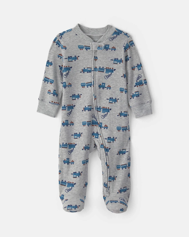 Baby Boy Train Cotton 2-Way Zip Thermal Sleeper - Grey