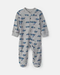 Baby Boy Train Cotton 2-Way Zip Thermal Sleeper - Grey
