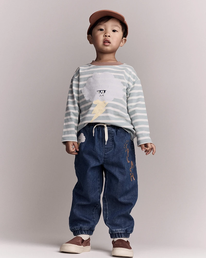 Toddler Striped Storm Long-Sleeve Relaxed Graphic Tee - Teal