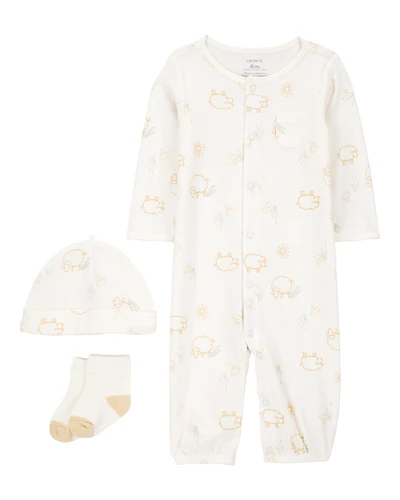 Baby Girl 3-Piece Barnyard Converter Gown & Cap Set - Ivory