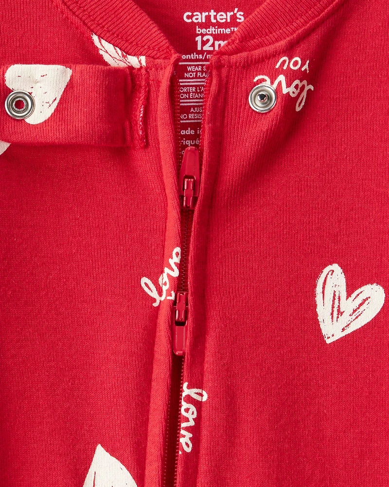 Baby Valentine's Day Heart 100% Cotton Loose Fit 2-Way Zip Footie 1-Piece Pyjamas - Red