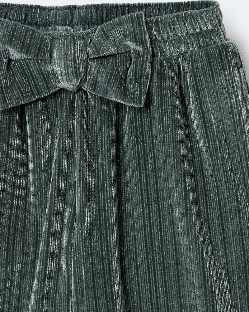 Toddler Girl Velvety Wide-Leg Pant with Bow - Dark Green