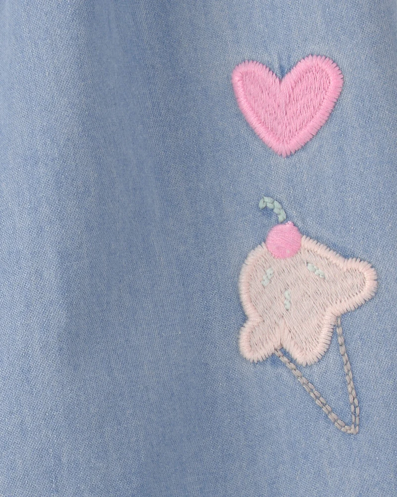 Baby Girl Embroidered Chambray Sleeveless Jumpsuit - Blue