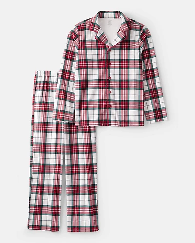 Adult Flannel Plaid Print Long-Sleeve Loose Fit 2-Piece Pyjamas - Red/Green