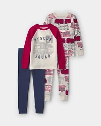 Baby Boy 4-Piece 'Rescue Squad' Firetruck 100% Cotton Snug Fit Pyjama Set - Red/Blue
