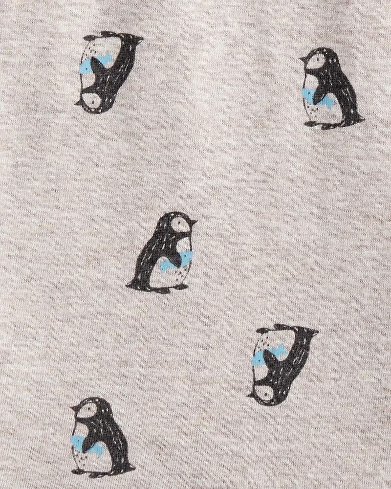 Baby Penguin Print Long-Sleeve Graphic Bodysuit - Grey