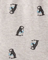 Baby Penguin Print Long-Sleeve Graphic Bodysuit - Grey