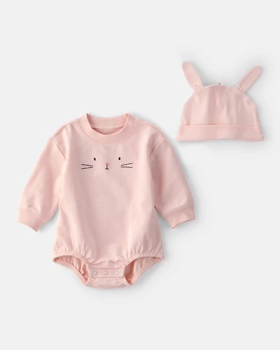 Baby Girl Bunny Bubble Romper & Hat Set - Pink