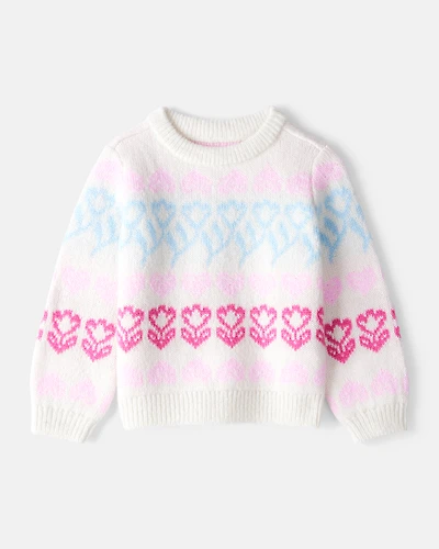 Toddler Girl Floral Fairisle Sweater - Pink/White