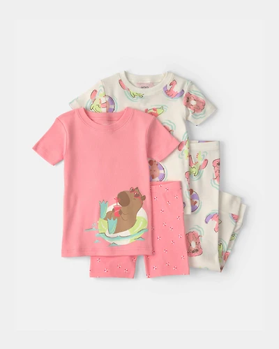 Toddler Girl Pool Party 100% Cotton 4-Piece Pyjama Set - Pink/Ivory