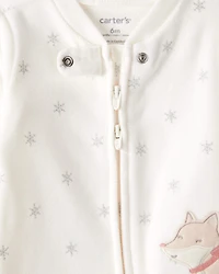 Baby Girl Fox Sparkle Print Loose Fit Long-Sleeve Sleeper - White