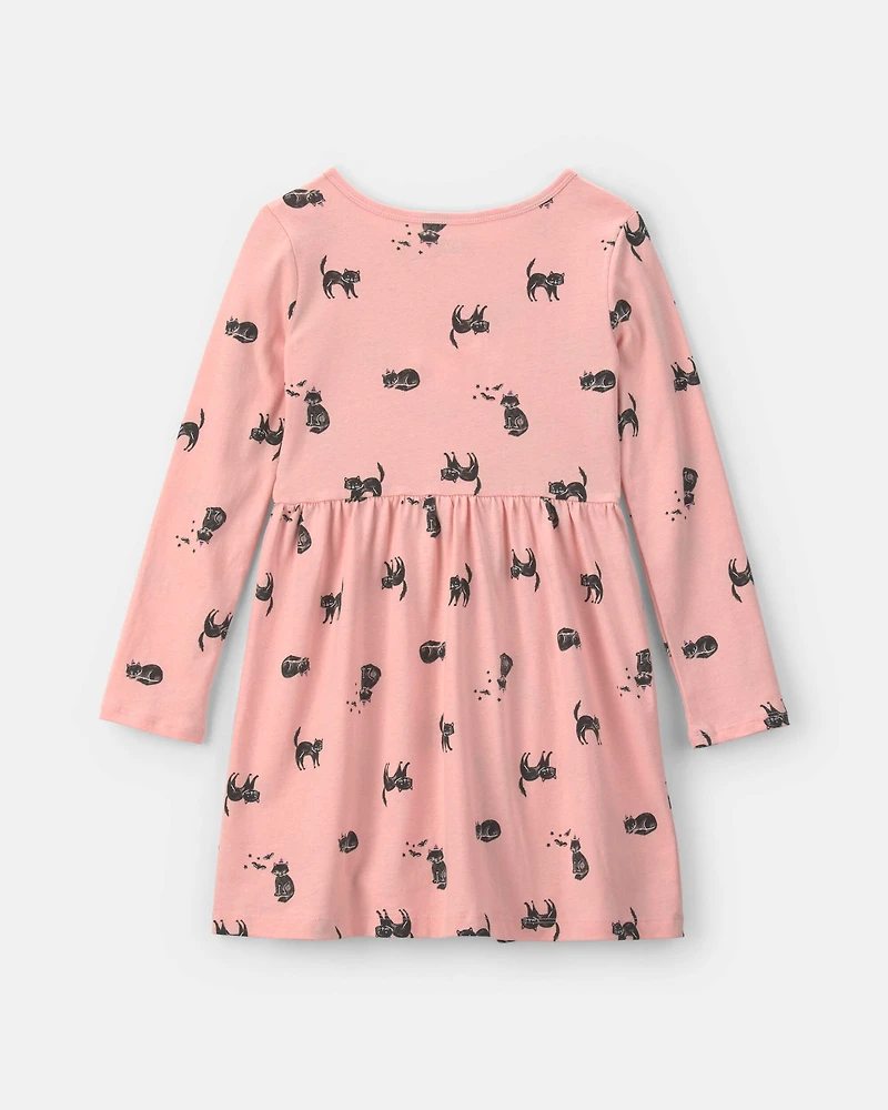 Girls Halloween Cat Long-Sleeve Dress - Pink