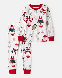Toddler Christmas Santa Print 100% Cotton Long-Sleeve Snug Fit 2-Piece pyjamas - White