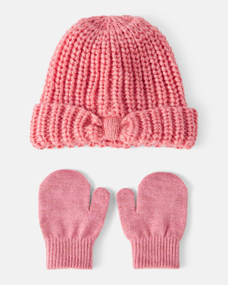 Toddler Girl Winter Hat & Mittens Set - Pink
