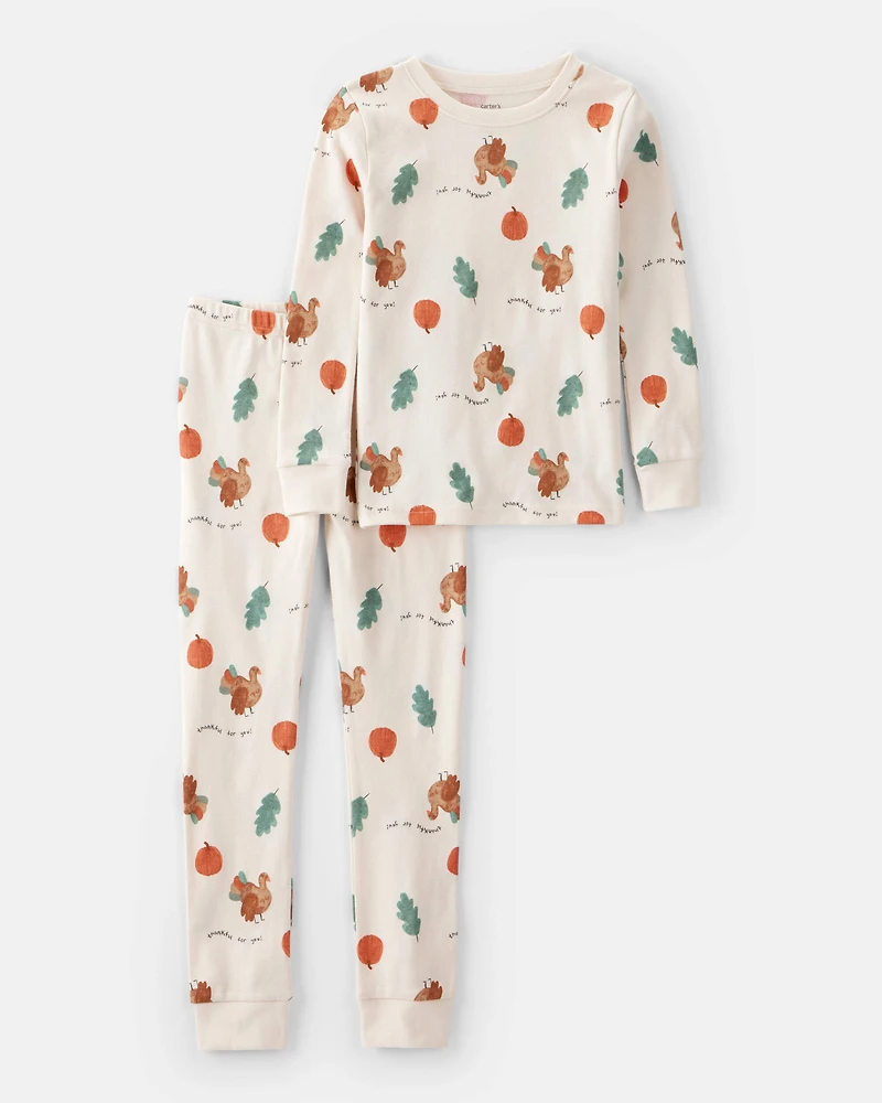 Kid Thanksgiving Print 100% Cotton Long-Sleeve 2-Piece Pyjamas - White