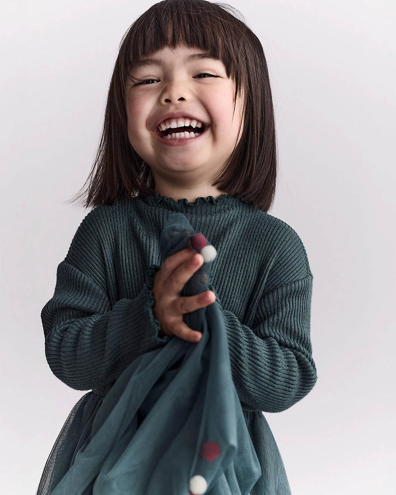 Toddler Girl Tree Pom Long-Sleeve Tutu Dress - Green