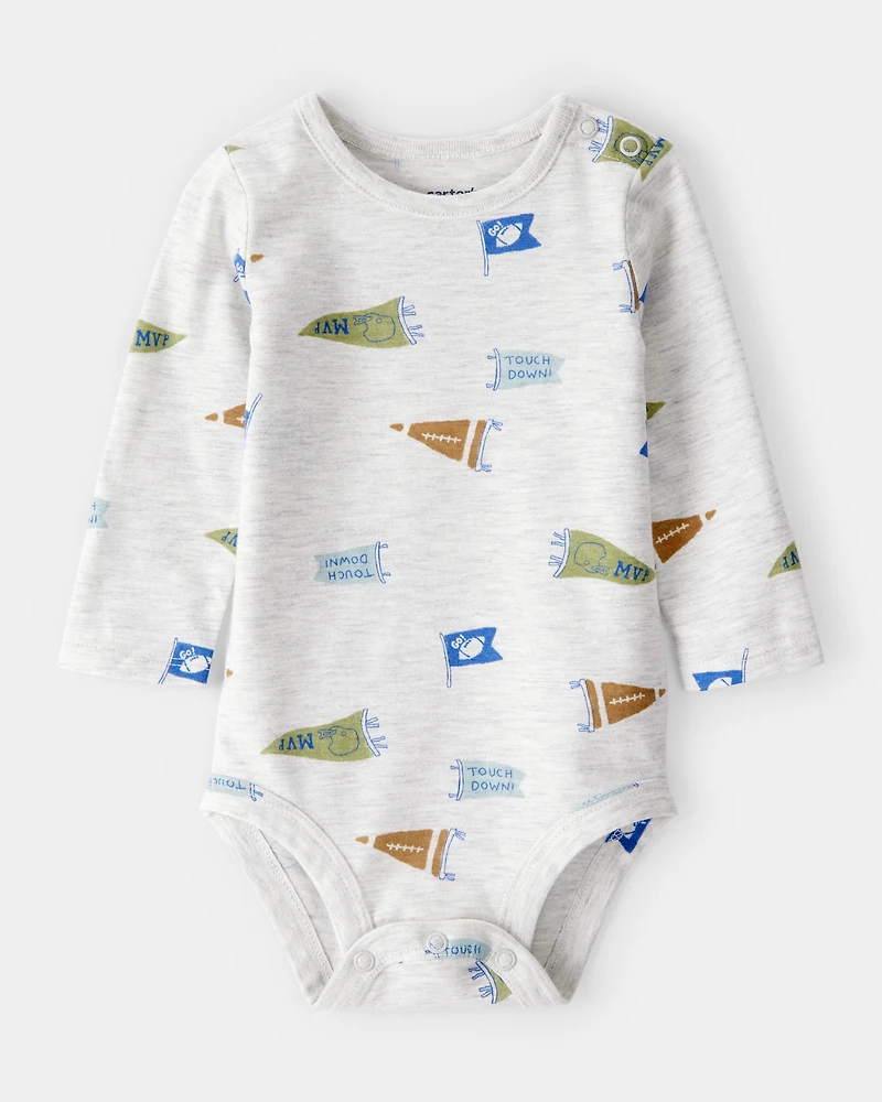 Baby Boy Football Print Long-Sleeve Fashion Bodysuit - Grey