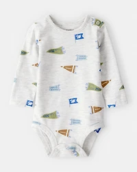 Baby Boy Football Print Long-Sleeve Fashion Bodysuit - Grey