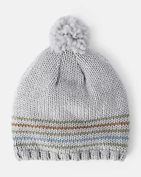 Boys Striped Pom Winter Hat - Grey