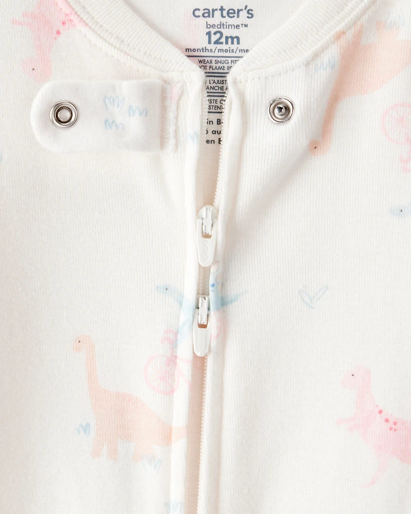 Baby Girl Dinosaur Print 100% Cotton Long-Sleeve 2-Way Zip 1-Piece Pyjamas - White