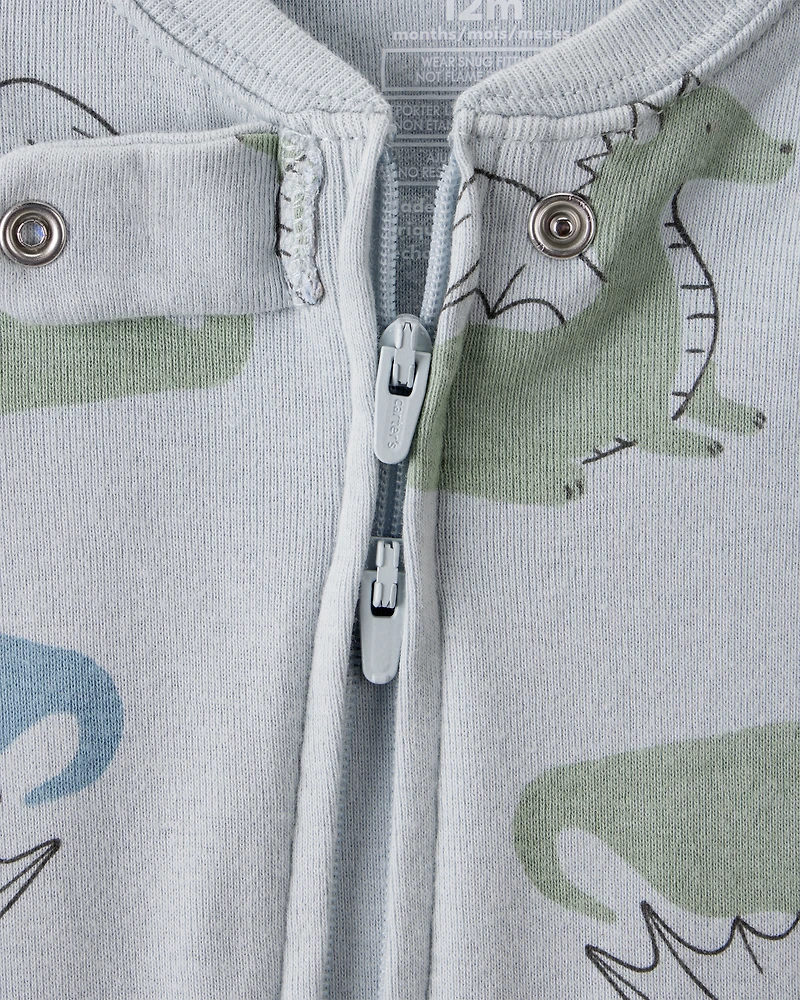 Baby Boy Dragon Print 100% Cotton Long-Sleeve 2-Way Zip 1-Piece Pyjamas - Blue