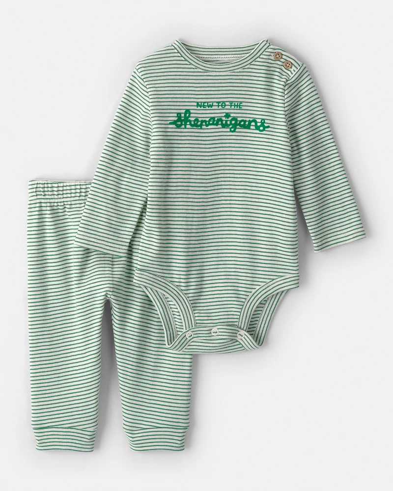 Baby St. Patrick's Day 2-Piece Striped Long-Sleeve Bodysuit & Pant Set - Green/White