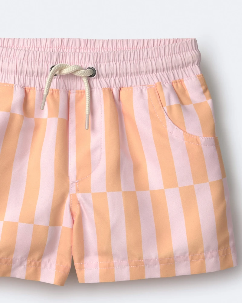 Toddler Boy Off-Center Stripe Swim Trunk - Rose/Light Orange