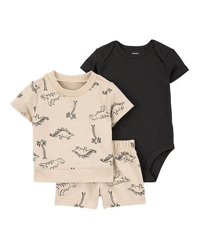 Baby Boy 3-Piece Dinosaur Outfit Set - Brown