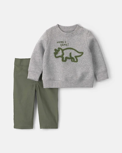 Baby Boy 2-Piece Dinosaur Fleece Pullover & Pant Set - Grey