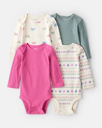 Baby Girl 4-Pack Bow Print Long-Sleeve Multipack Bodysuits - Blue/Pink/White
