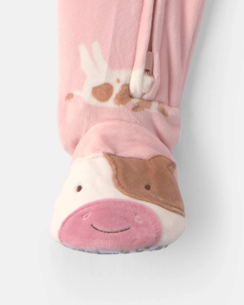 Toddler Girl 1-Piece Cow DreamPlush Snug Fit Footed Pyjama - Pink