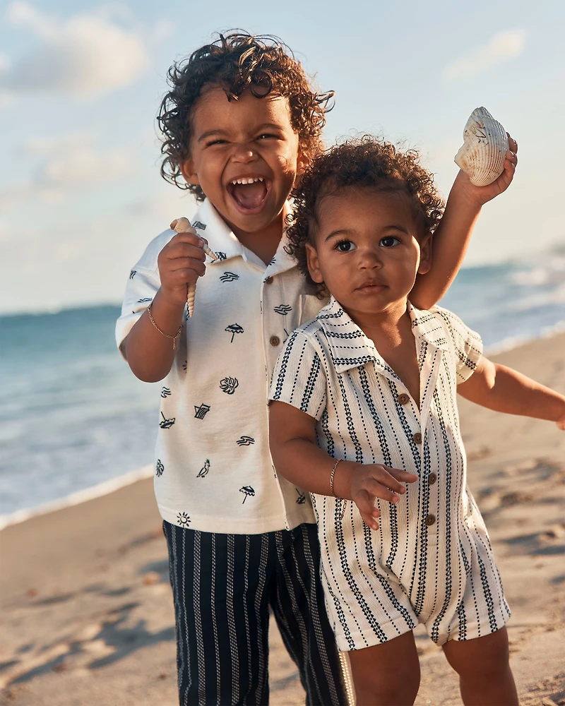 Toddler Boy Beach Short-Sleeve Button-Down Shirt - Cream/Black