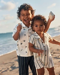 Toddler Boy Beach Short-Sleeve Button-Down Shirt - Cream/Black