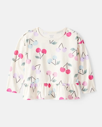 Toddler Girl Cherry Long-Sleeve Peplum Top - White