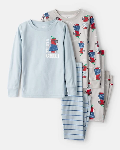Boys Chili Pepper Print 100% Cotton Long-Sleeve Snug Fit 4-Piece Pyjamas - Blue