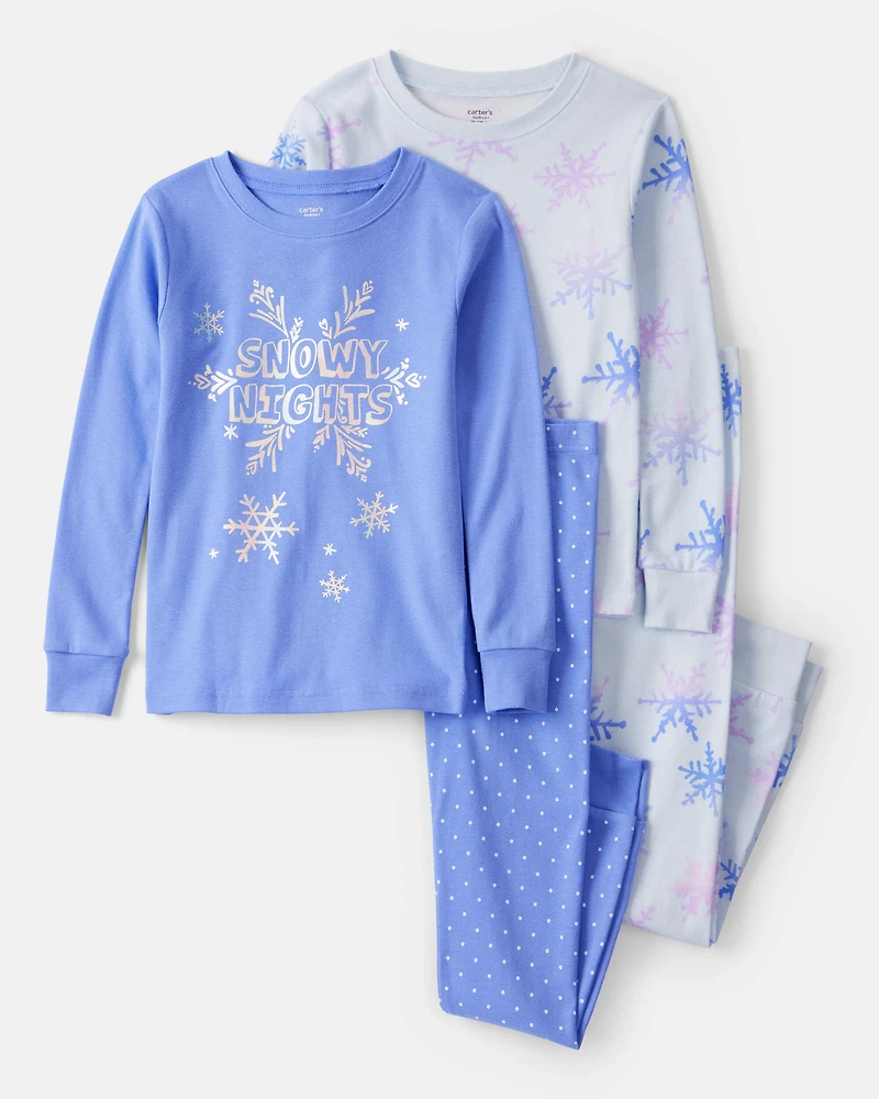 Girls Snowflake Print 100% Cotton Long-Sleeve Snug Fit 4-Piece Pyjamas - Blue