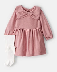 Baby Girl Bow Collor Long-Sleeve Dress Set - White/Pink