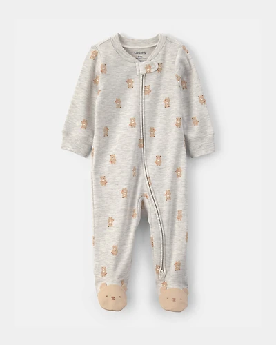 Baby Teddy Bear Cotton 2-Way Zip Sleeper - Grey