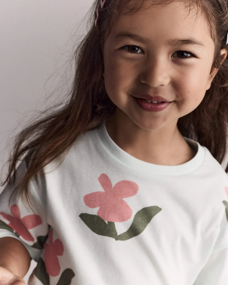 Toddler Girl Rolled Cuff Tee Floral Print - Light Green