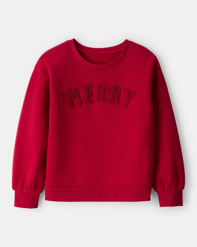 Girls Christmas Merry Long-Sleeve Pullover Sweatshirt - Red