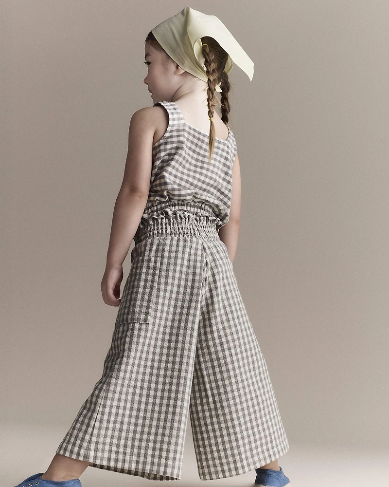 Toddler Girl Gingham Peplum Top with Bows - Cream/Grey