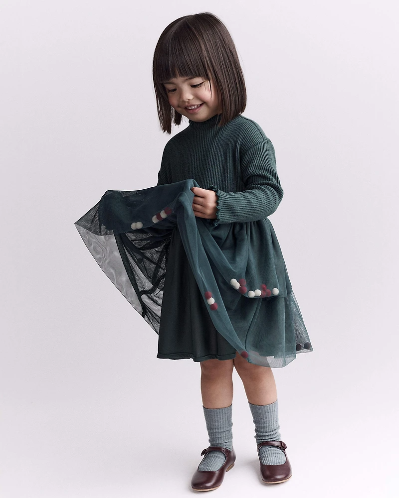 Toddler Girl Tree Pom Long-Sleeve Tutu Dress - Green