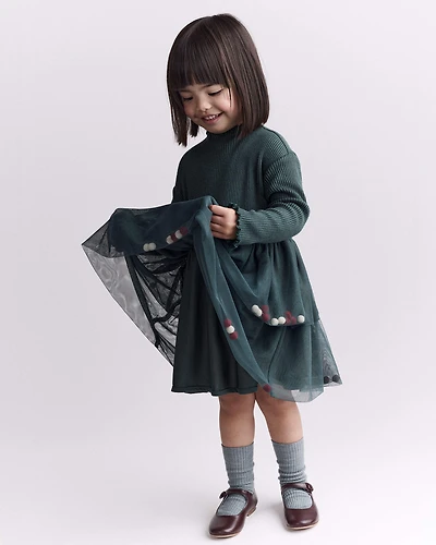 Toddler Girl Tree Pom Long-Sleeve Tutu Dress - Green