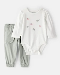 Baby Girl 2-Piece Butterfly Bodysuit & Pant Set - Green/White