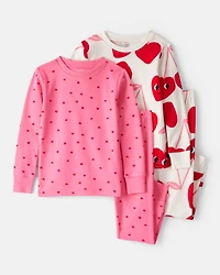 Toddler Girl Cherry & Heart 100% Cotton Snug Fit 4-Piece Pyjamas - Pink/White